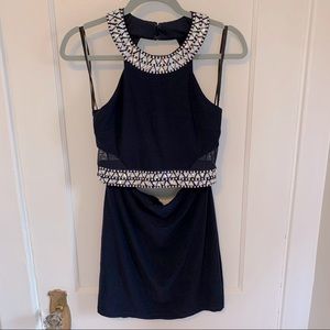 2-Piece Crop Top Mini Skirt w/Silver Chrome Detail